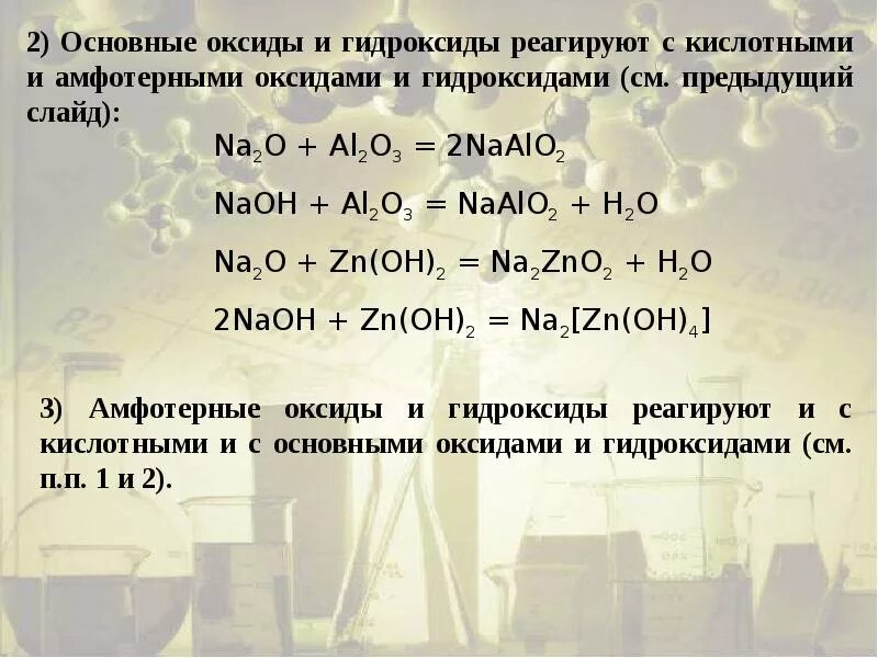 Основанием и амфотерным гидроксидом являются. Основные оксиды реагируют с гидроксидами. Взаимодействие с основными и амфотерными оксидами. Взаимодействие амфотерных гидроксидов с кислотами. Основные оксиды не реагируют с.