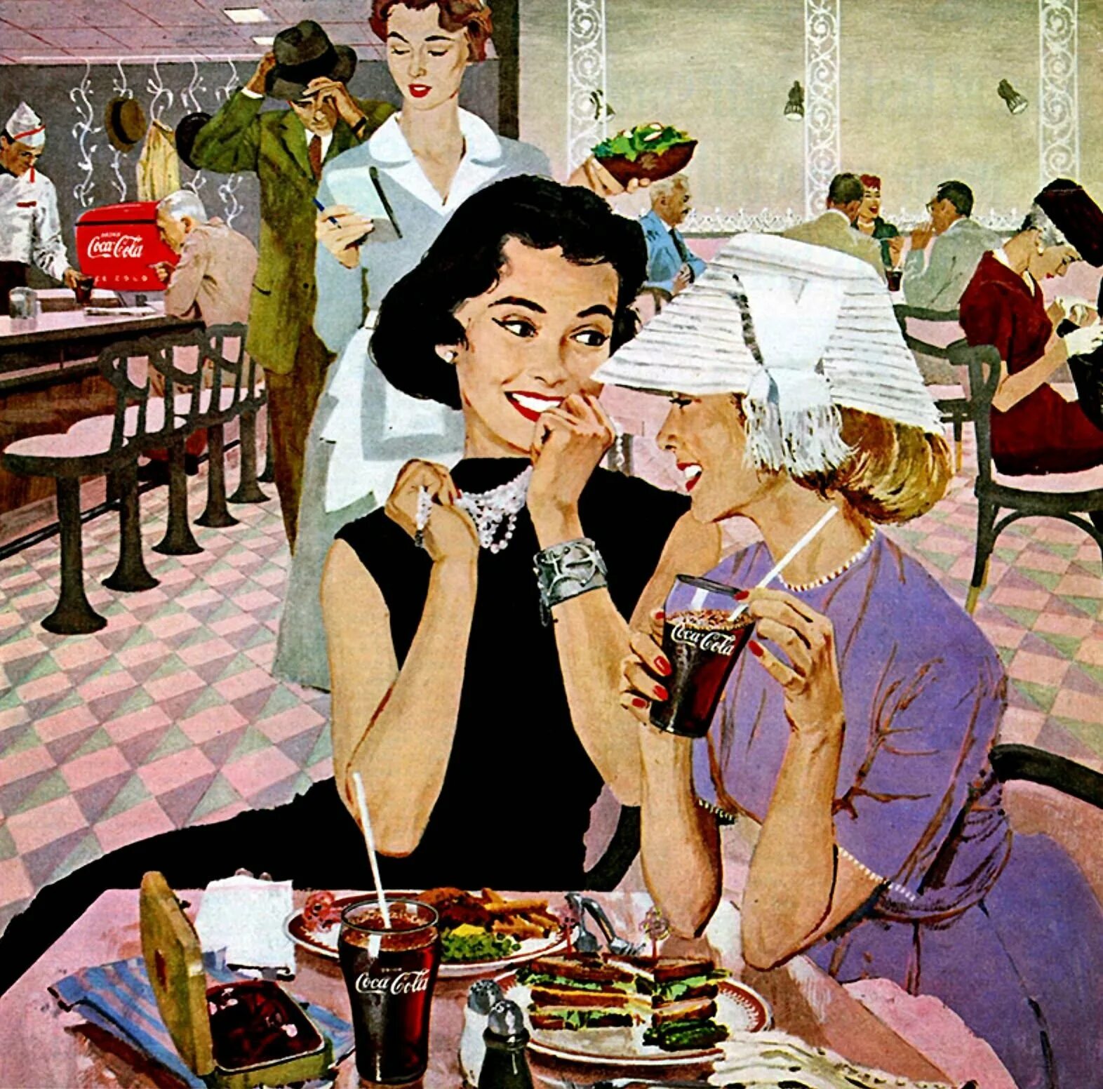 Приятельница. Подруги ретро. Живопись две женщины в ресторане. Ретро иллюстрации. Иллюстрации в стиле ретро подружки.