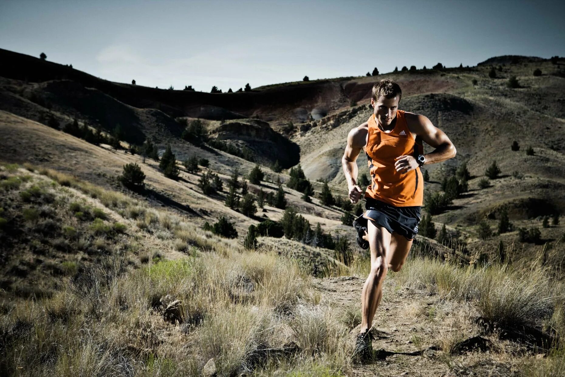 Мотивация летом. Бег в горах. Спортсмен на природе. Спортсмен на фоне гор. Мужчина бег в горах.