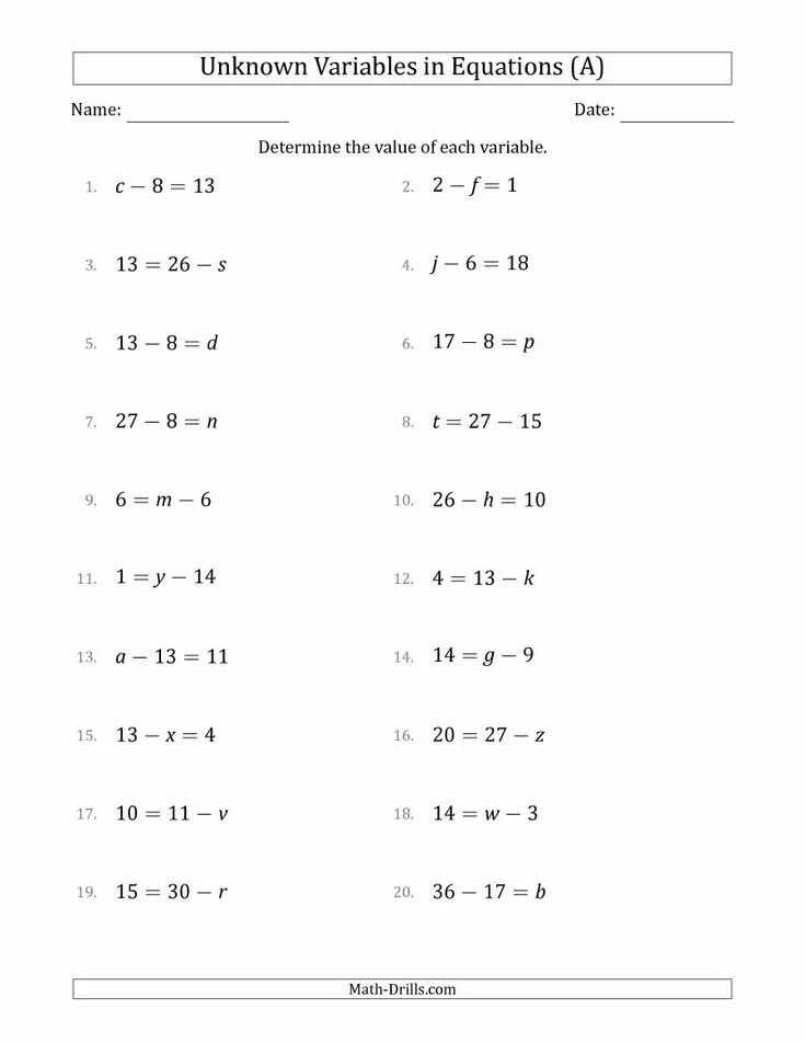 Unknown variable. Variable in math. matrix worksheet.