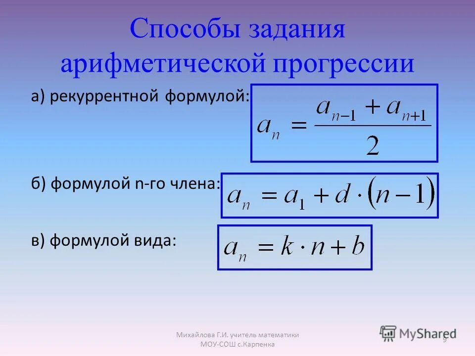 Рекуррентная формула геометрической прогрессии. Вывод формулы суммы арифметической прогрессии. Формула а1 в арифметической прогрессии. Формула разности алгебраической прогрессии. Формула суммы арифметич прогрессии.