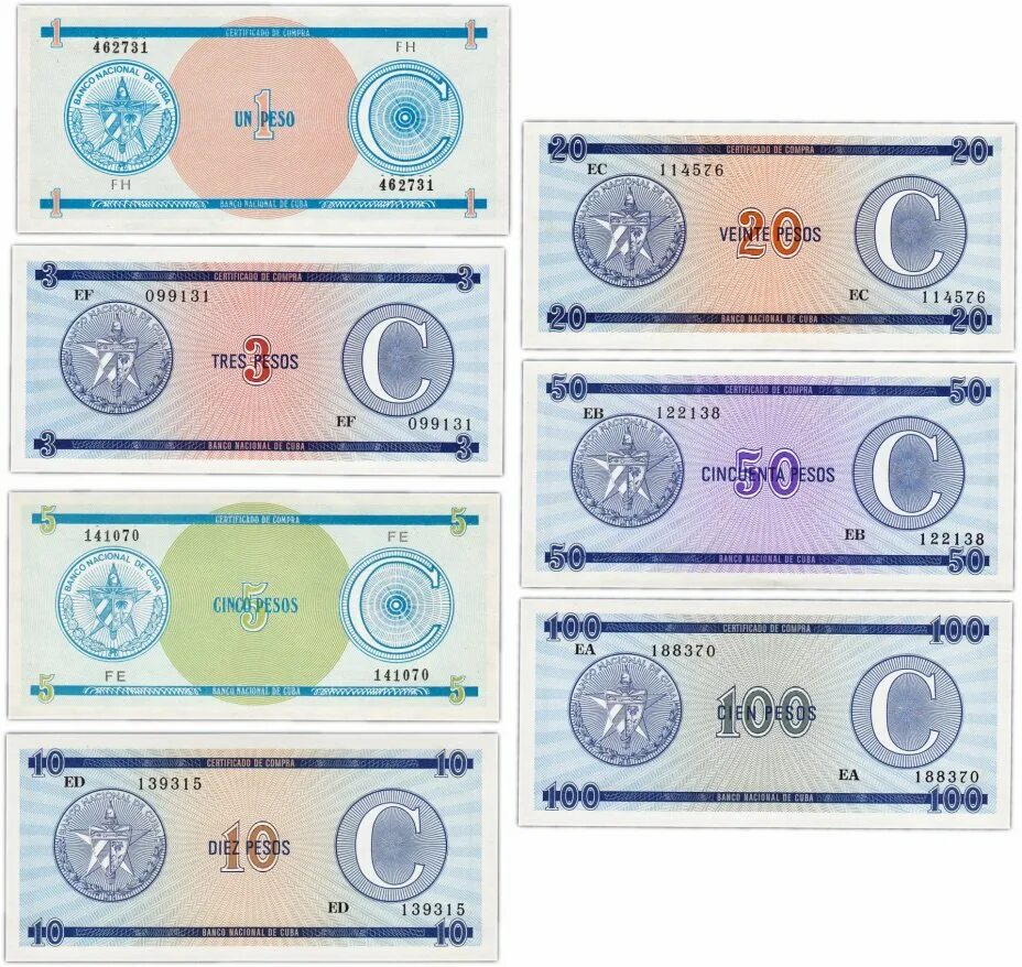 Банкноты Кубы. 100 Песо Куба. Набор денежных знаков. 100 Песо Куба валютный сертификат.