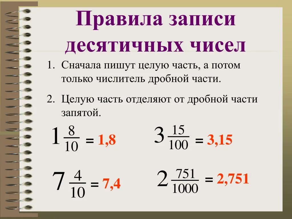 Правило записи десятичных дробей. Десятичные числа. Правила десятичных дробей. Десятичная запись дробных чисел.