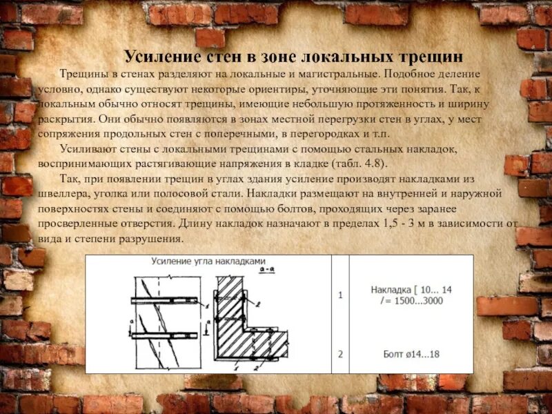 Имеется трещина. Усиление кирпичной кладки стены. Усиление кирпичной кладки скобами. Узлы усиления кирпичной кладки. Усиление простенка кирпичной кладки.