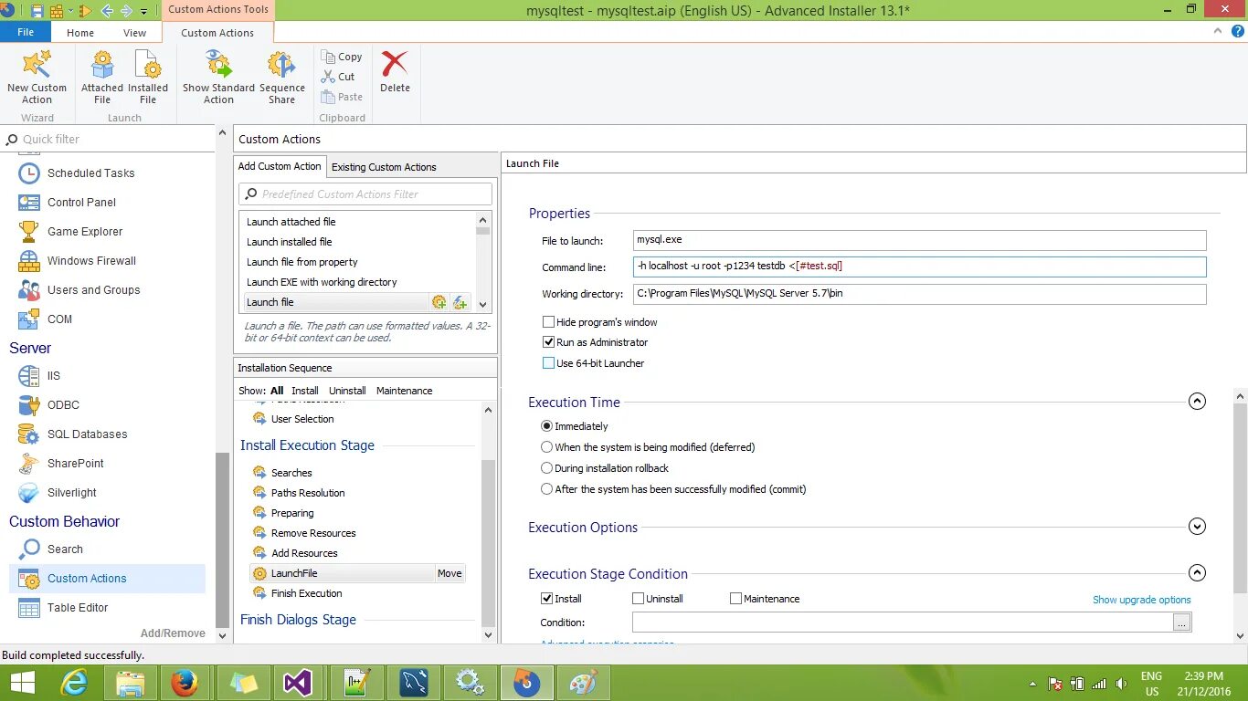 Advanced installer 12.5. Advanced installer. Подключение к БД из командной строки. Windows os DB MYSQL Import. Custom actions