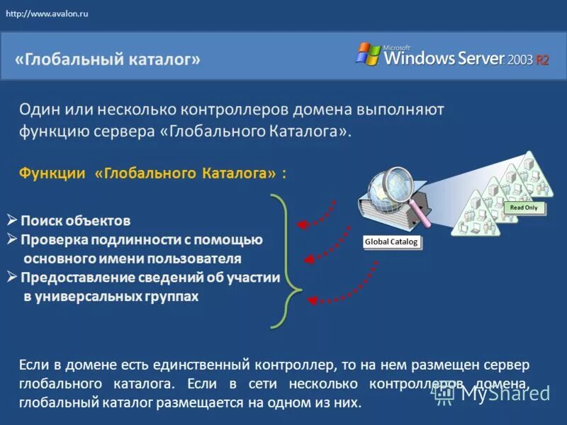 Глобальный каталог. Функции каталога. Размещение серверов глобального каталога. Глобальный каталог для двух доменов. Глобальный домен