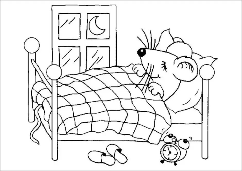 Кровать раскраска для детей. Спальня городского мышонка рисунок. Мышонок в кроватке раскраска. Сказка о глупом мышонке раскраска.