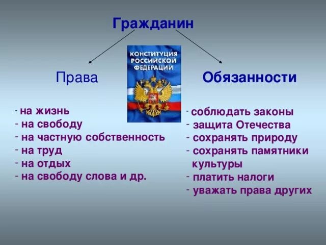 Запиши главную мысль конституции россии. Право и обязанности гражданина РФ.