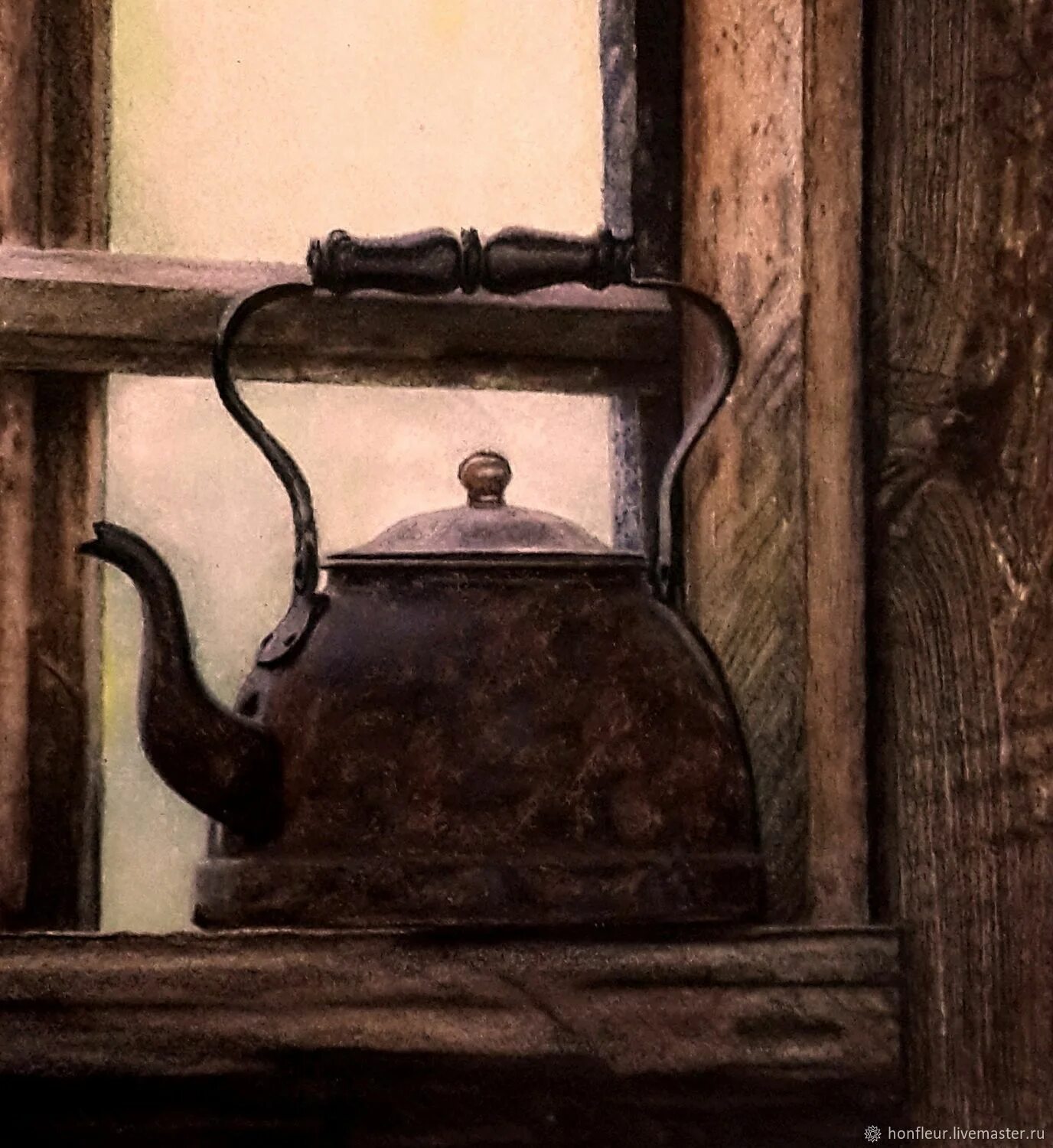 Поставь чайник через 5. Старый чайник. Старинный чайник. Картина чайник. Чайник на окне живопись.