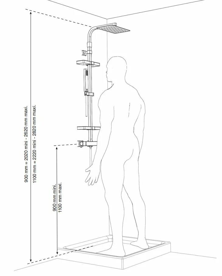 Высота душевой стойки от пола стандарт установки. Душевая стойка для ванны схема монтажа. Схема подключения встроенной душевой системы. Схема монтажа верхнего тропического душа. Высота установки душа от пола