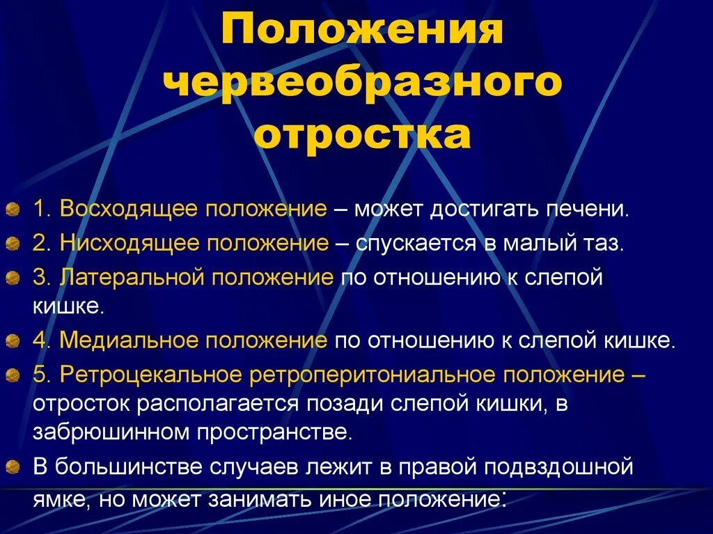 Положение при аппендиците. Положения червеобразного отростка. Варианты положения червеобразного отростка. Варианты локализации червеобразного отростка.