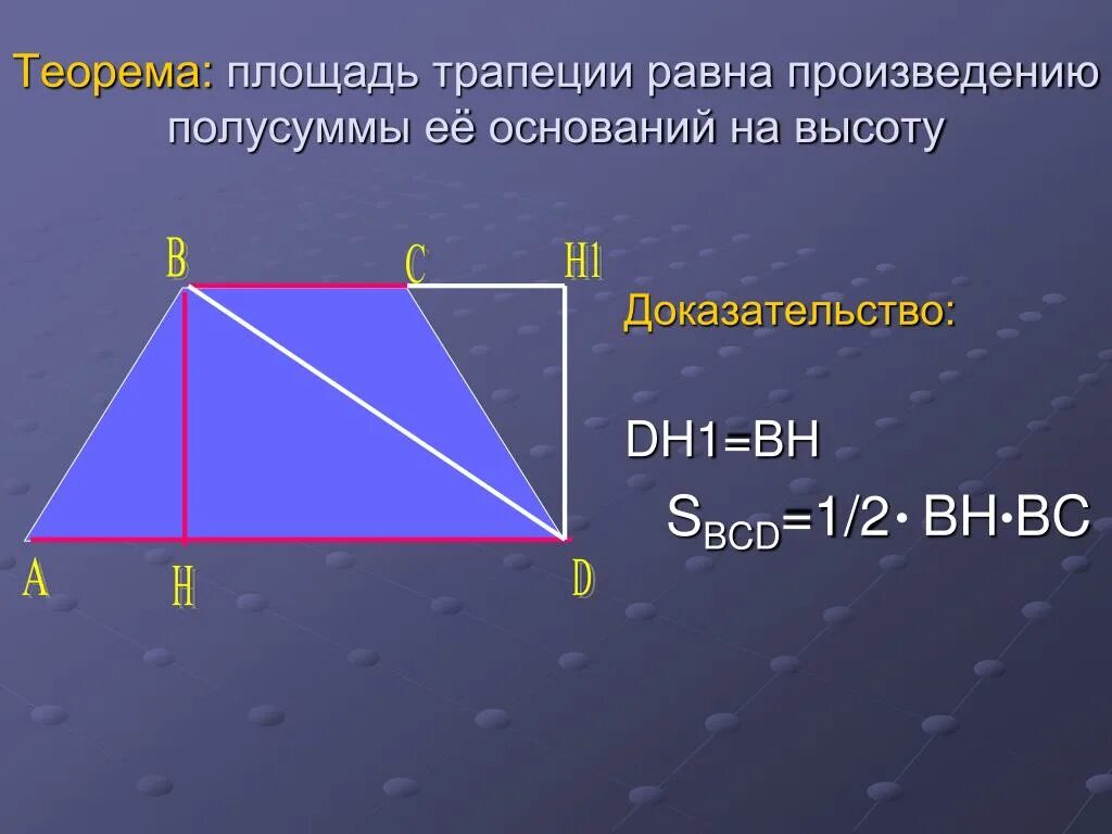 Площадь трапеции равна полусумме оснований на высоту. Площадь трапеции равна произведению полусуммы оснований на высоту. Теорема о площади трапеции. Площадь трапеции равна произведению полусуммы ее оснований на высоту.