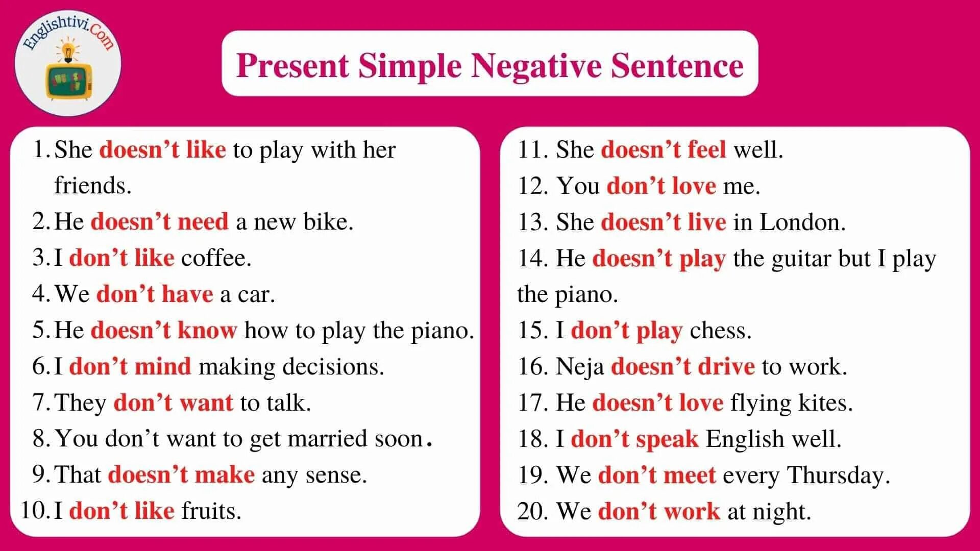 Like negative form. Present simple negative. Past simple negative sentences. Past Tenses negative. Negative and question forms.