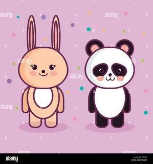 Kawaii bunny and panda over pink background. 