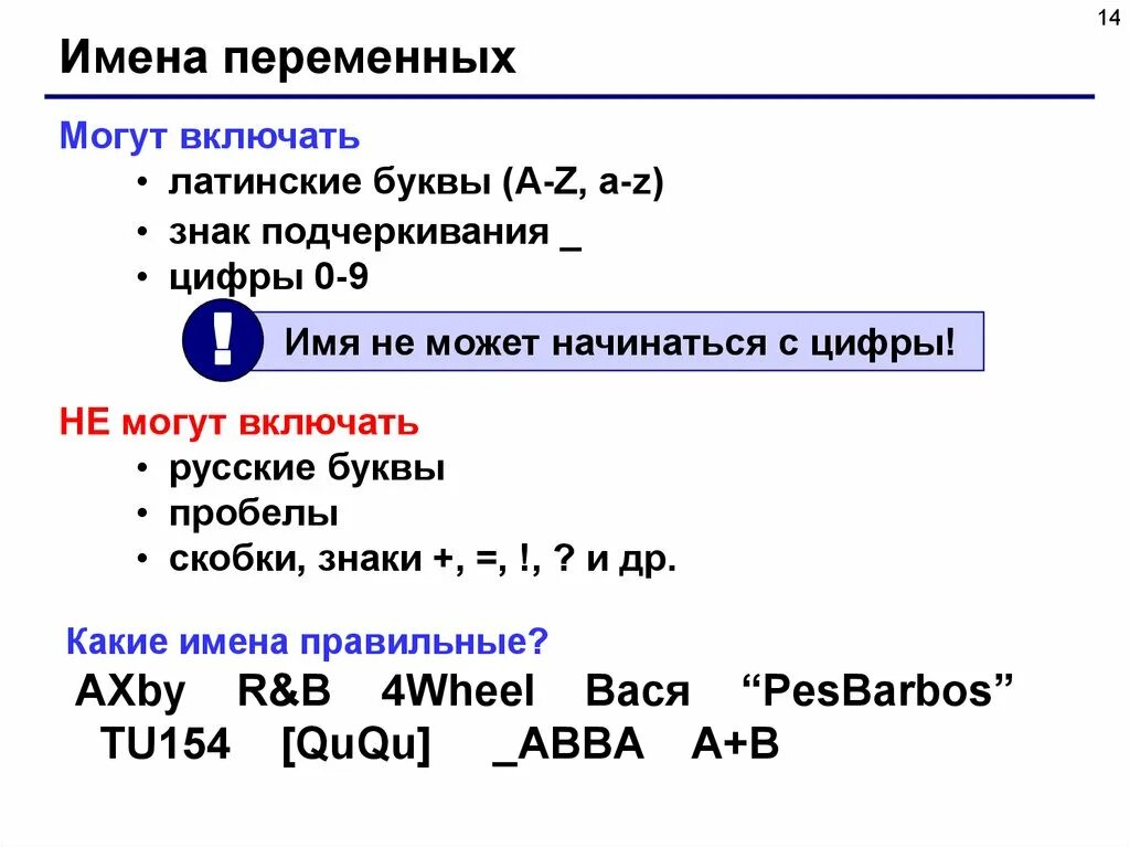 Выберите имена переменных которые на языке программирования. Имена переменных не могут включать. название переменной. переменная (программирование). символы программирования.