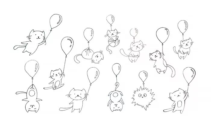 Зверята на шариках рисунок. Котик с шариками рисунок. Нарисовать котика на воздушном шарике. Кот на воздушном шарике эскиз.