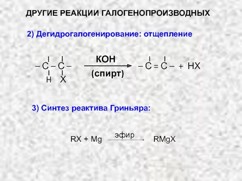 Синтез реагента. Галогенопроизводные дегидрогалогенирование. Реакции галогенопроизводных. Синтез Гриньяра.