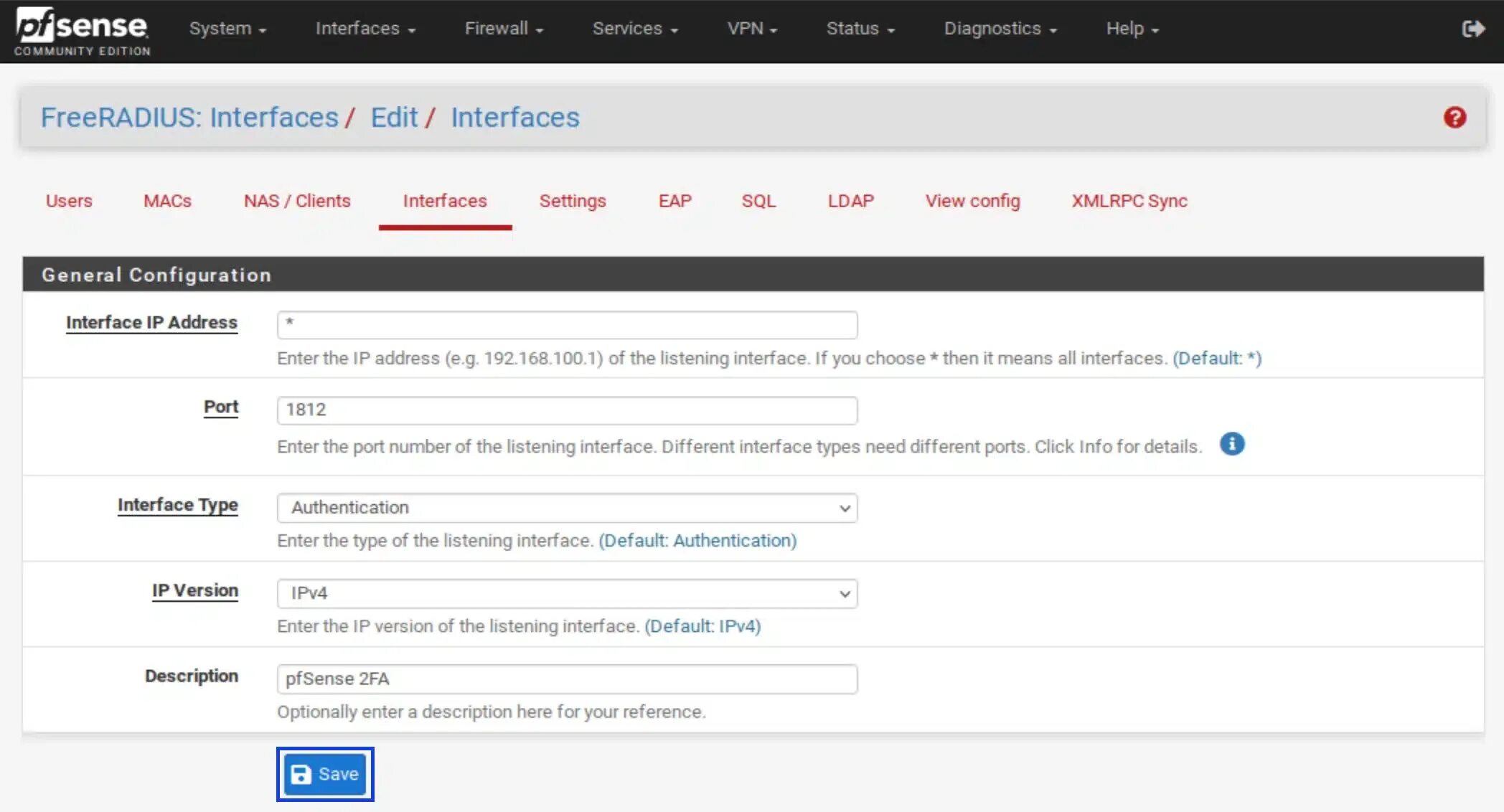 Click info. FREERADIUS web Интерфейс. FREERADIUS web gui. Edit interface. PFSENSE OPENVPN.