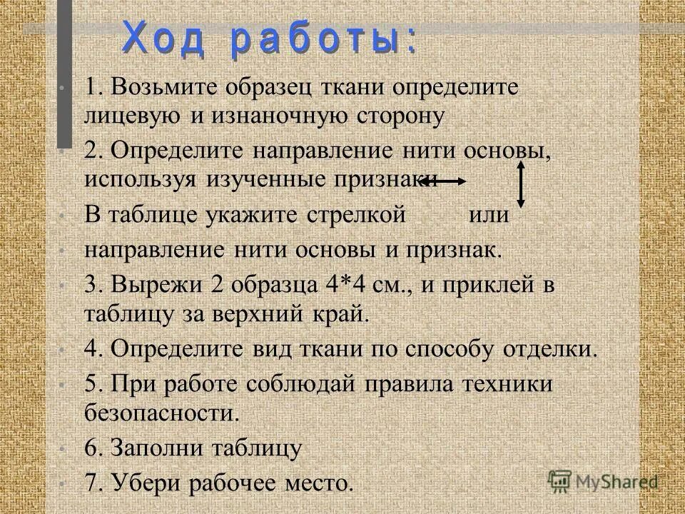 Ход работы. Лицевую сторону ткани определяют. Определение нити основы с лицевой стороны. Направление нити основы хлопок. Перечислите признаки лицевой и изнаночной стороны