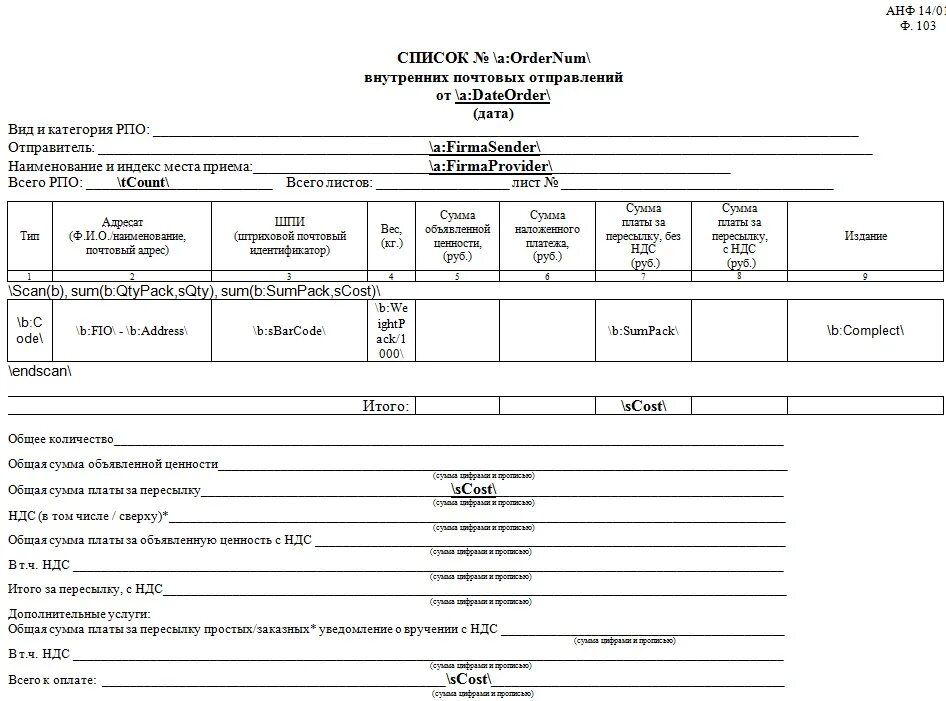 Почтовый реестр форма 103. Список внутренних почтовых отправлений ф 103. Реестр ф 103 почта России. Составление списка ф 103 на партионные почтовые отправления.