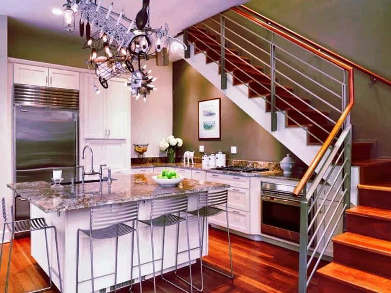 Studio kitchen design with stairs (49 Photos)