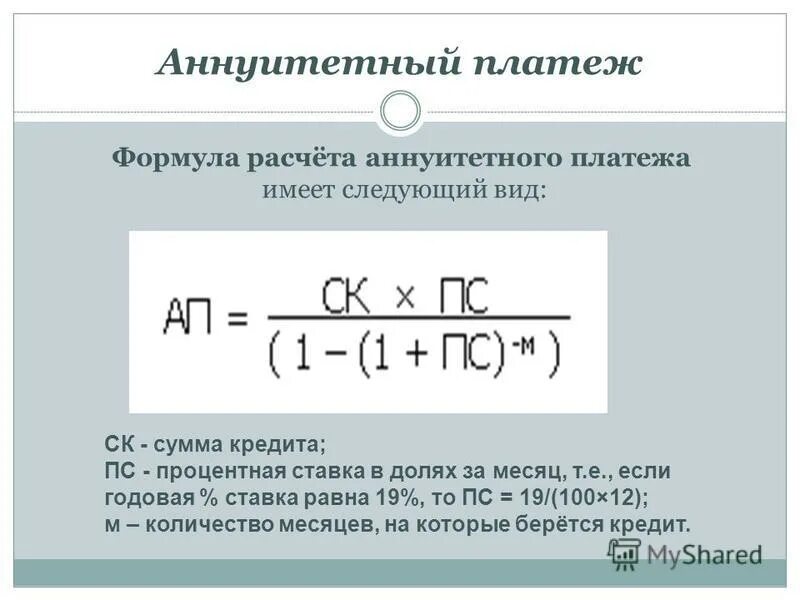 Ежемесячный платеж аннуитетного кредита. Формула аннуитетного платежа. Формула расчета аннуитетного платежа. Формула аннуитетного платежа по кредиту. Ежемесячный аннуитетный платеж формула.