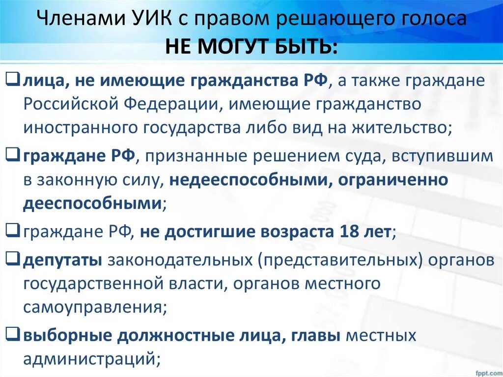 Статус члена избирательной комиссии. Членами комиссий с правом решающего голоса не могут быть:.