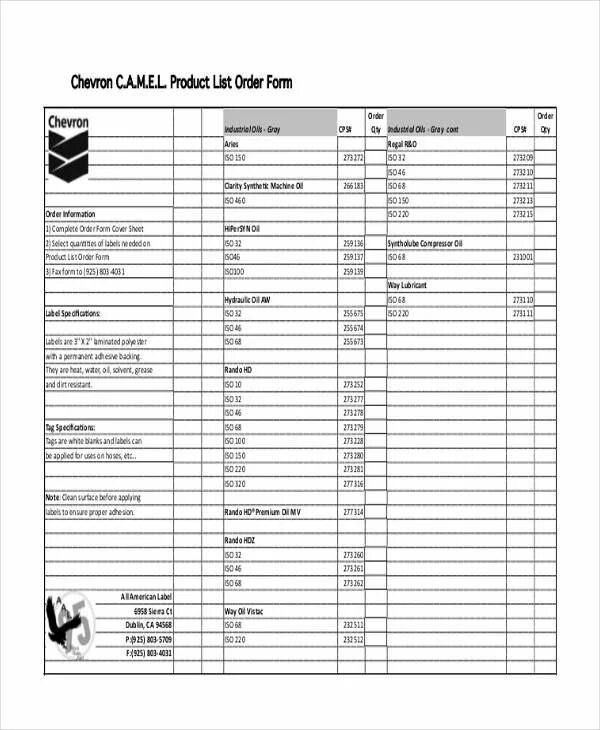 List order by. Product order form. corporative price list samples for hotels.
