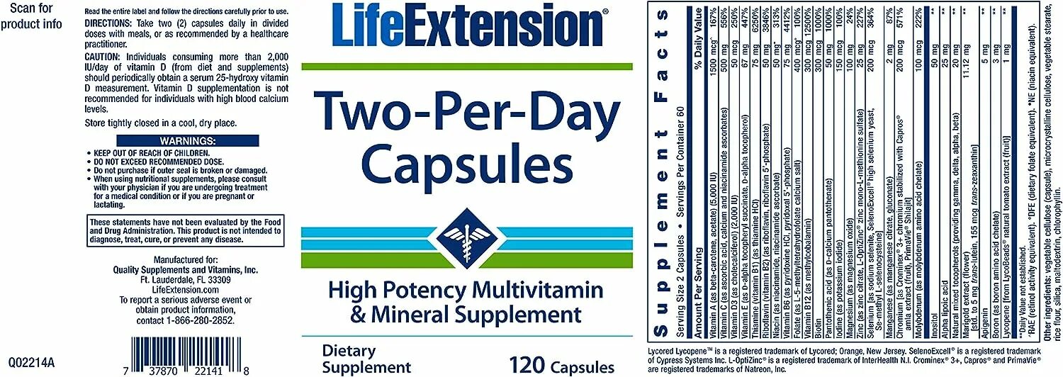 2 per day. Life Extension, two-per-Day Multivitamin, 120 Tablets. Two per Day Capsules. Life Extension two per Day Capsules. Life Extension one-per-Day.