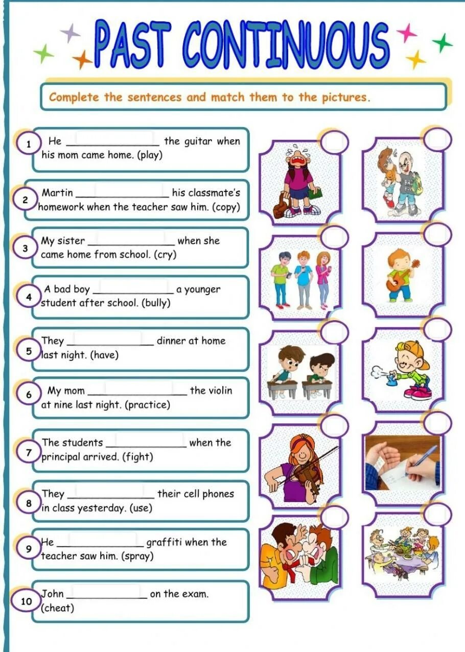 Match the sentences to their meanings. Паст континиус Worksheets. Continuous английском Worksheets. Past Continuous интересные упражнения. Past Continuous упражнения Worksheets.