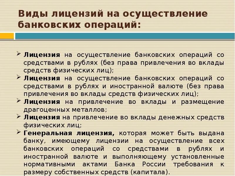 Воды банковских лицензий. Виды лицензирования кредитных операций. • Лицензии на осуществлении операций • виды банковских операций. Лицензии на осуществление операций коммерческих банков.