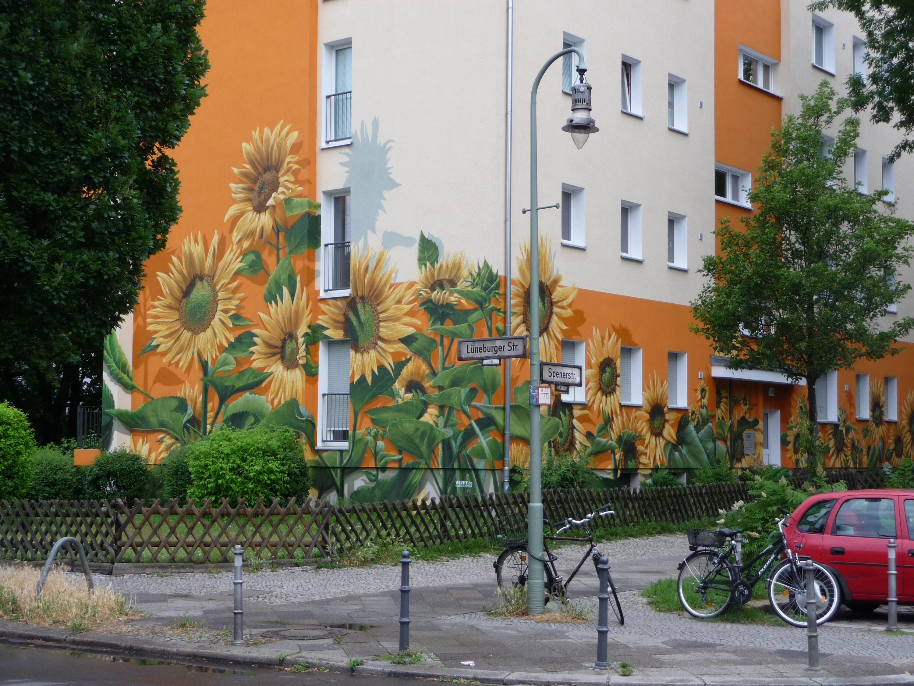Улица подсолнух. Подсолнухи на фасаде. Тбилиси дом с подсолнухами. Берлин фото жилых районов. Рисунок подсолнуха на фасаде частного дома.