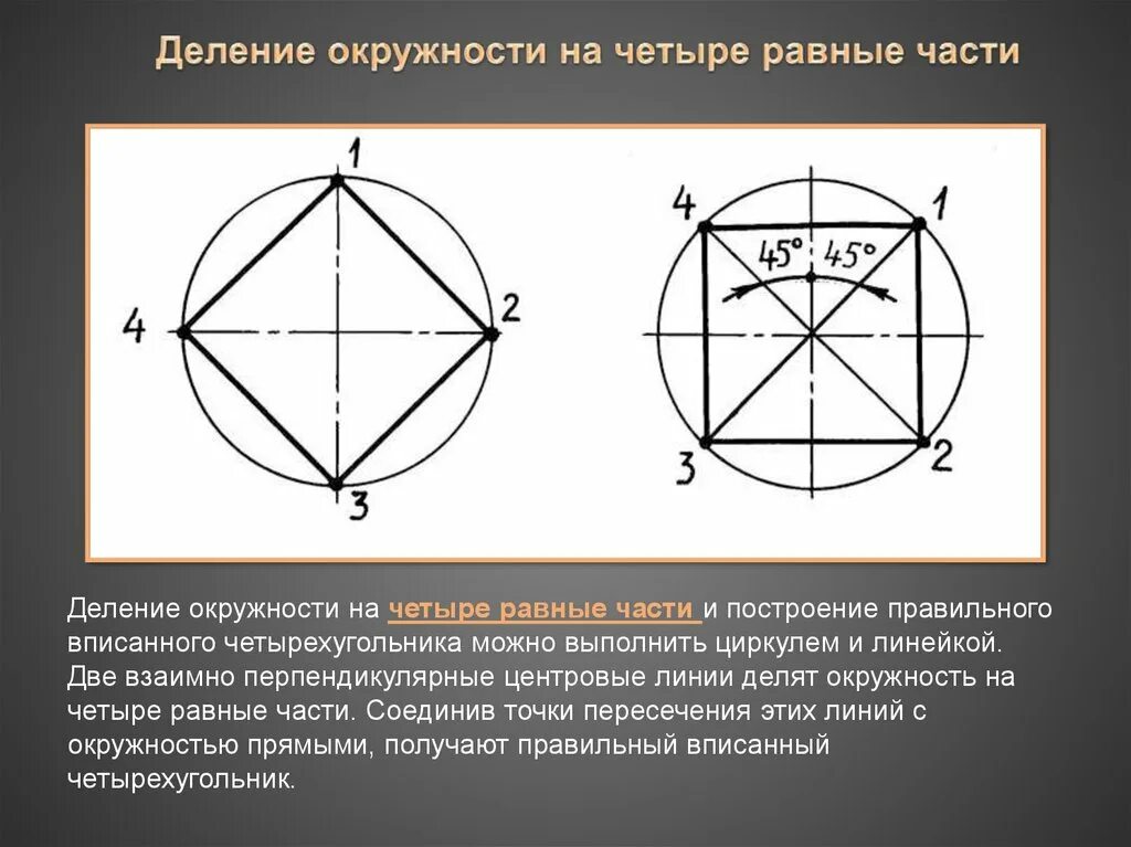 Делим окружность на 4 равные части. Разделить круг на 4 равные части циркулем. Деление окружности на 4 равные части. Разделить окружность на 4 части с помощью циркуля.