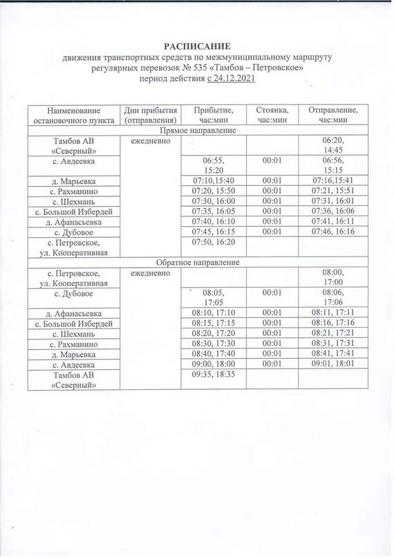 Расписание маршруток петровско