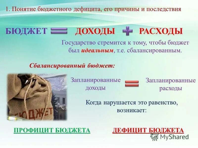 Задача дефицит бюджета. Концепции бюджетного дефицита. понятие и виды бюджетного дефицита. бюджетный дефицит и концепции его регулирования. причины и последствия бюджетного дефицита.