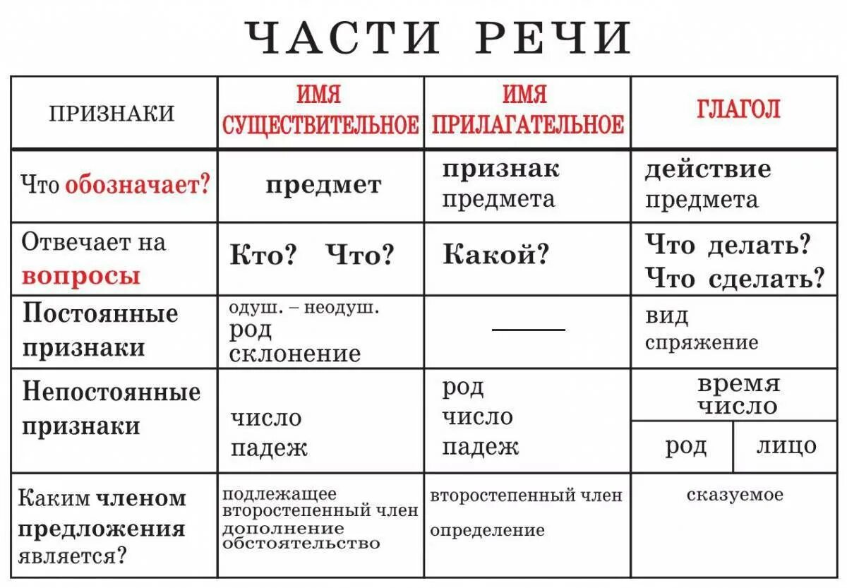 Какой частью речи является слово внучке. Таблица по русскому языку части речи 4 класс. Правила русского языка 4 класс части речи. Схема части речи 5 класс русский язык. Таблица части речи школа России.