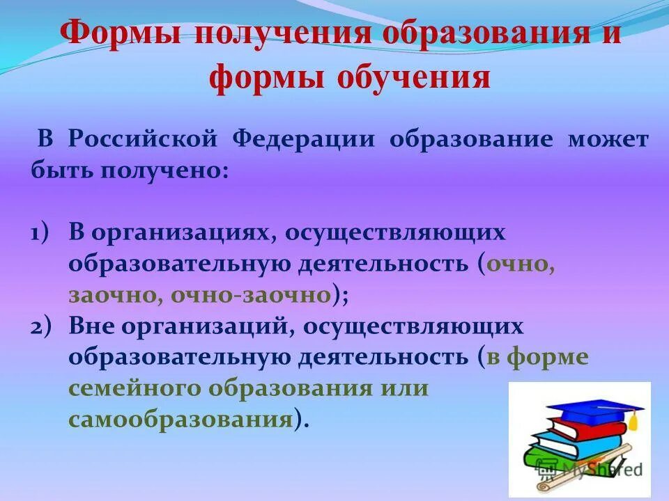 Ответы на вопросы образование россия. Формы получения образования. Формы получения образования в Российской Федерации. Формы получения образования и формы обучения. Уровни и формы получения образования.