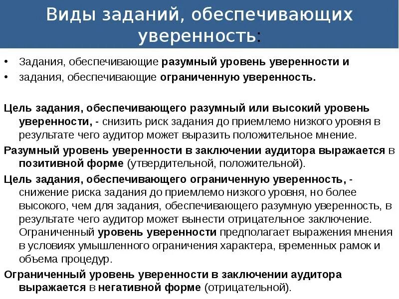 Задания обеспечивающие уверенность примеры Уровни уверенности, обеспечиваемой аудитором при оказании аудиторских услуг: пон