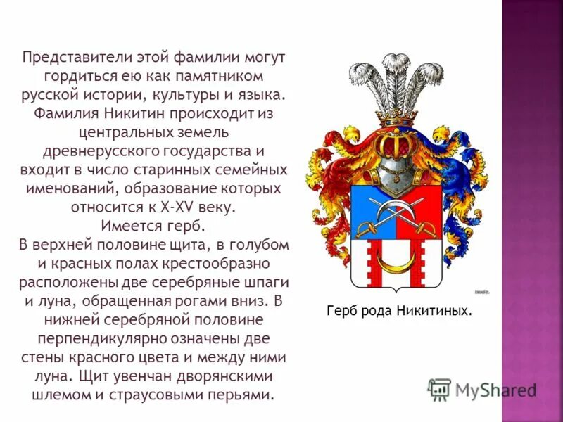 Первые в роду кто прав. Фамильный герб Никитин. Герб фамилии Никитин. Фамильный род фамилии Никитин. Происхождение фамилии Никитин.