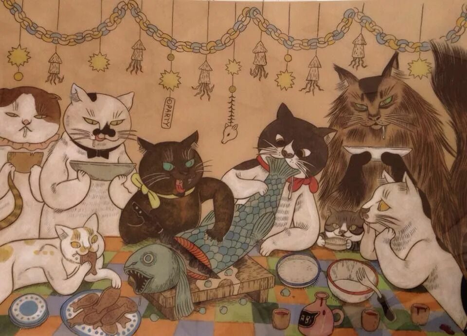 Вечеринка кошек. Аяко Исигуро Бакэнэко работа и год создания. Ishiguro Ayako Cats. Cats Party illustration. Вечеринка кошечек