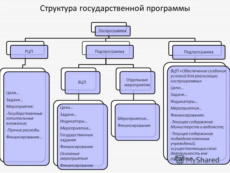 Структура государственной программы. Структура госпрограммы. Виды государственных программ. Структура государственной программы схема.