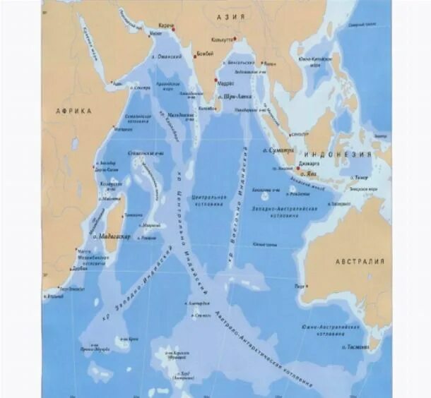 Моря заливы проливы индийского океана. Индийский океан карта подробная. Индийский океан на карте. Крупнейшие моря заливы и проливы индийского океана.