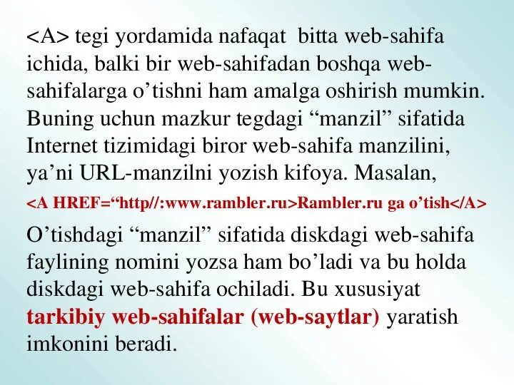 Web sahifa yaratish. Html tilida web sahifa yaratish kodlari. Web sahifalar orasida aloqalarni o rnatish imkoniyatlari. Web sahifa tushunchasi. Web sahifalar.