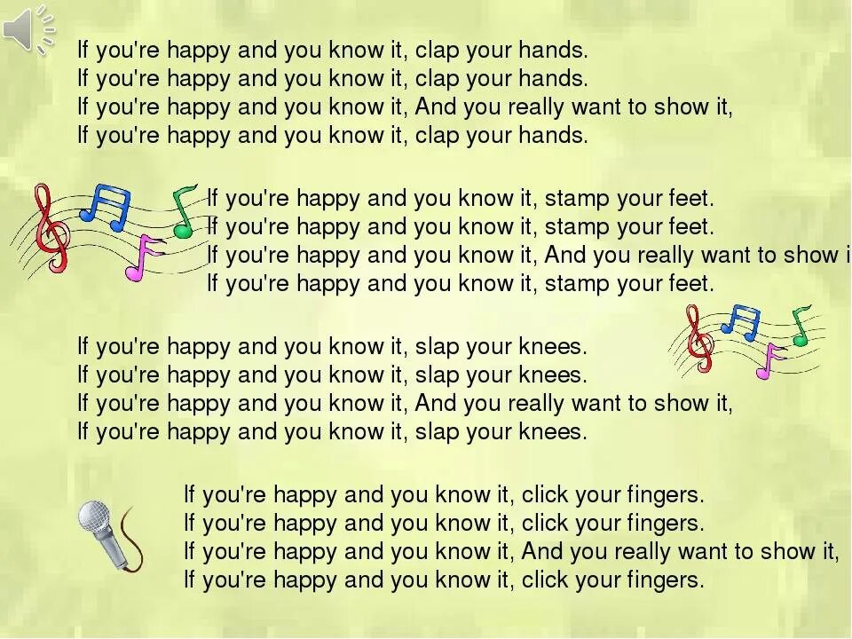 Песня английские глаголы. If you Happy Clap your hands текст. If you Happy and you know it текст. If your Happy you know it текст. If you Happy and you know Clap текст.