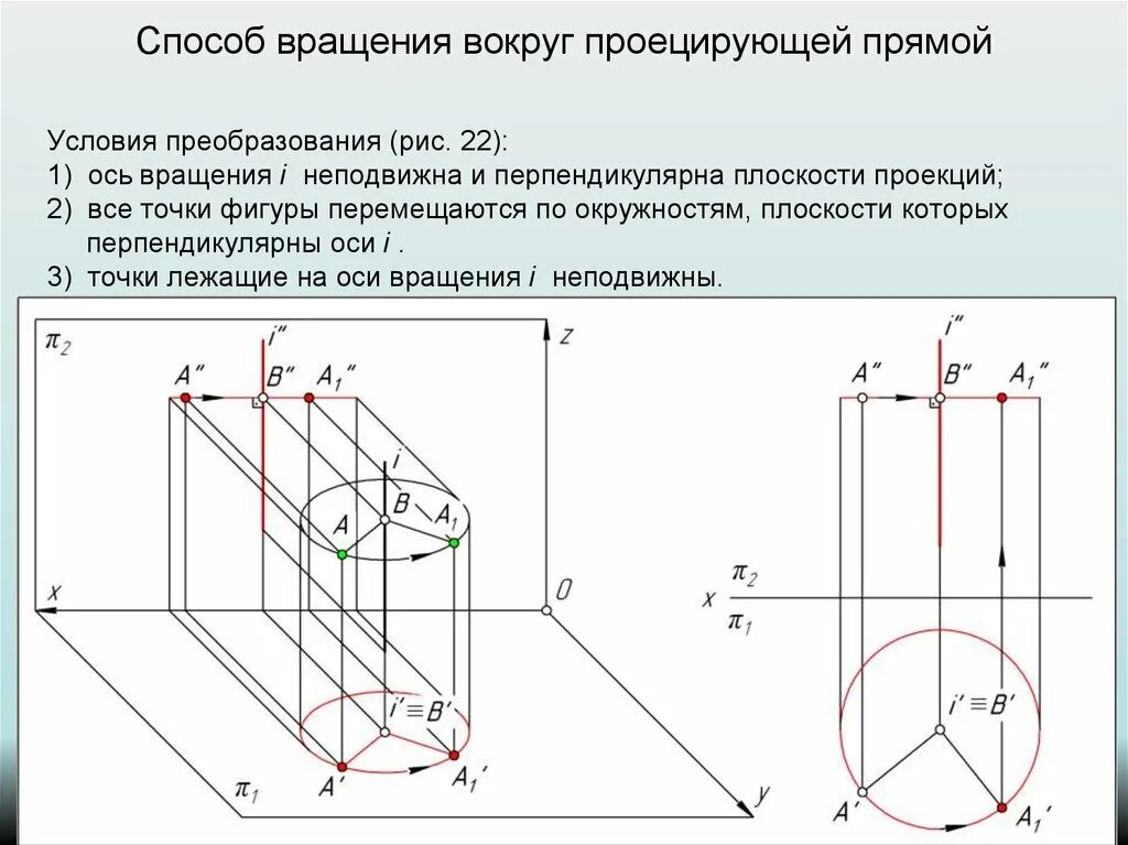 Кольцевая плоскость. Ортогональная проекция на ось. Вращение вокруг проецирующей прямой. Способ вращения вокруг проецирующей прямой. Вращение вокруг проецирующих прямых.