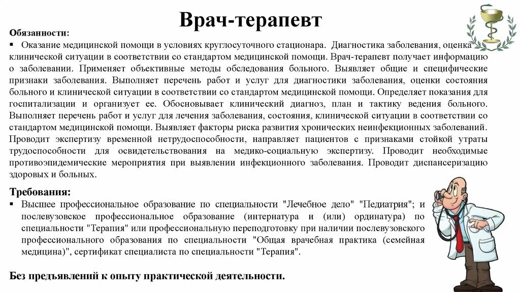 Всех врачей обязали. Обязанности врача. Обязанности врача терапевта. Должность врача терапевта. Врач терапевт стационар.