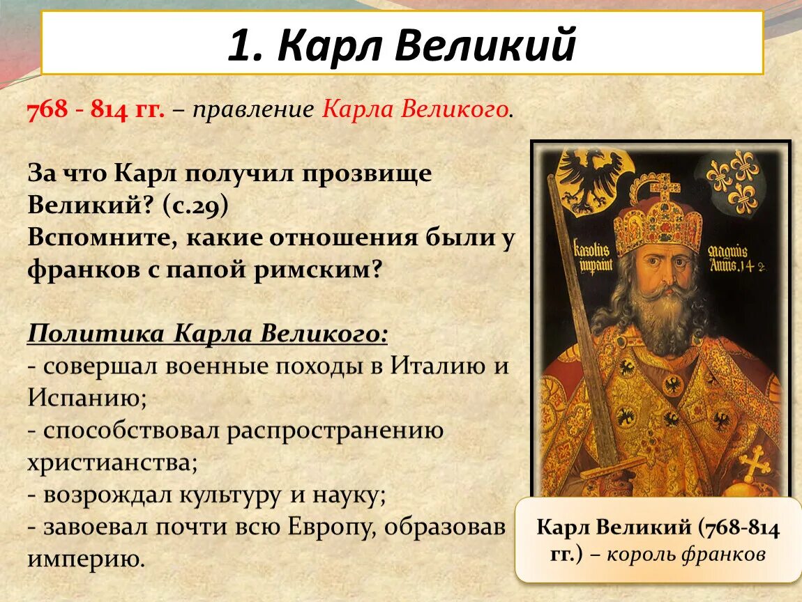 Почему называют карлом. Карле Великом (768—814).