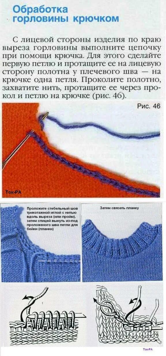 Как связать красивую горловину спицами. Горловина при вязании спицами снизу схема. Вязание горловины снизу спицами. Обработка горловины и проймы крючком. Обработка горловины трикотажных изделий спицами.