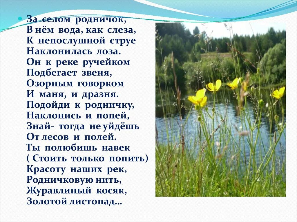 Живительная сила родника. Стихи посвященные роднику за водой. На опушке под горой Родничок звенит.