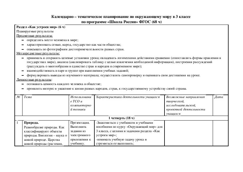 Планирование 3 класс окружающий мир школа россии